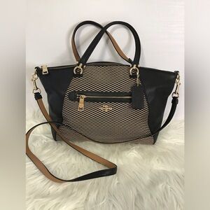 Coach Prairie Satchel Black Beige Leather Weaved Fabric